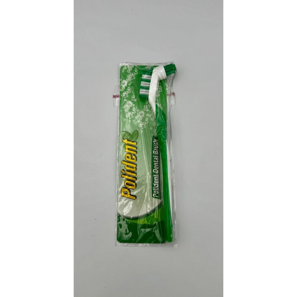 Polident Denture Brush Green & White Dual Head Firm Bristles DISCONTINUED New